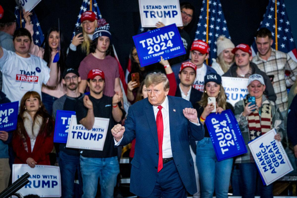 Republican presidential candidate and former President Donald J. Trump dances after speaking at a rally in Manchester, N.H., on Jan. 20, 2024. (Madalina Vasiliu/The Epoch Times)