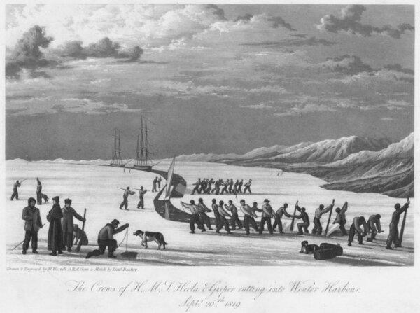 "The Crews of H.M.S. Hecla & Griper Cutting into Winter Harbour, 26 Sept. 1819" An engraving from the journal published in 1821. The Mariner’s Museum. (Public Domain)