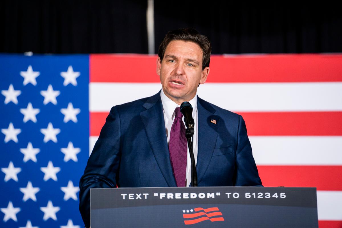 Republican presidential candidate Florida Gov. Ron DeSantis speaks to his supporters after finding out the 2024 Iowa caucuses results at the Sheraton Hotel in West Des Moines, Iowa, on Jan. 15, 2024. (Madalina Vasiliu/The Epoch Times)