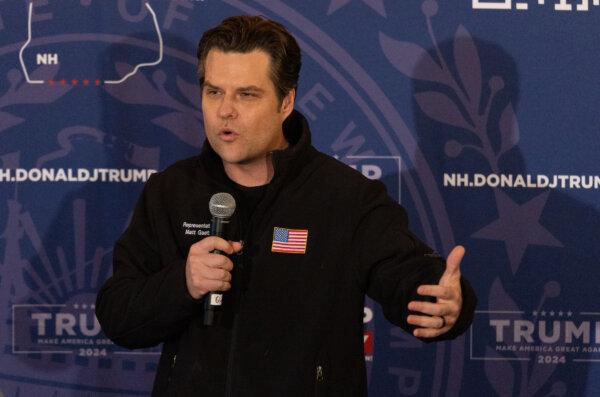 Rep. Matt Gaetz (R-Florida) speaks to supporters of Donald Trump in Keene, New Hampshire, on Jan. 21, 2024. (John Fredricks/The Epoch Times)