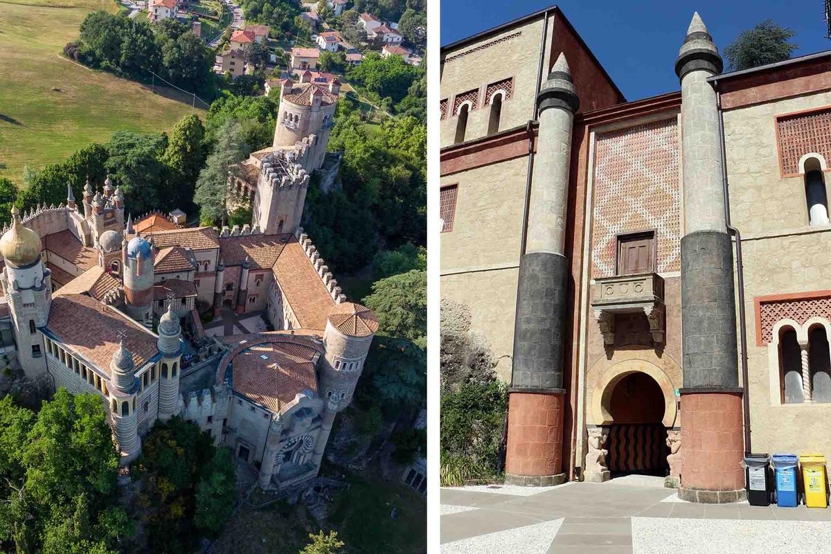 (Left) A view from above showing the main courtyard. (Pio3/Shutterstock) ; (Right) A view from inside the main courtyard. (<a href="https://commons.wikimedia.org/wiki/File:Rocchetta_mattei,_cortile_principale_03.jpg">Sailko</a>/<a href="https://creativecommons.org/licenses/by/3.0/deed.en">CC BY 3.0 DEED</a>).