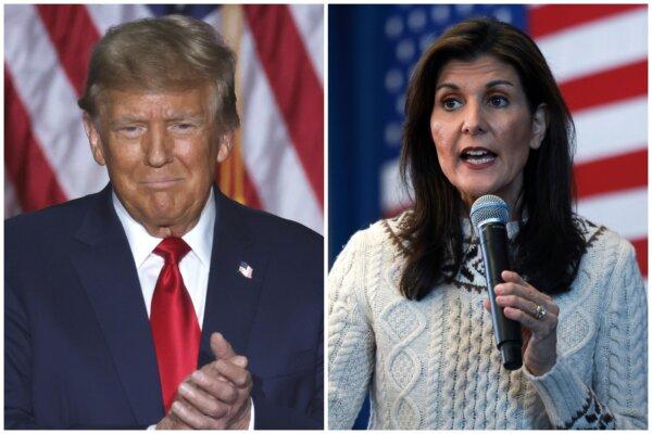 (Left) Former President Donald Trump speaks at his caucus night event at the Iowa Events Center in Des Moines, Iowa, on Jan. 15, 2024. (Alex Wong/Getty Images); (Right) Republican presidential candidate, former UN Ambassador Nikki Haley speaks during a campaign event held at Gilbert H. Hood Middle School in Derry, N.H., on Jan. 21, 2024. (Joe Raedle/Getty Images)