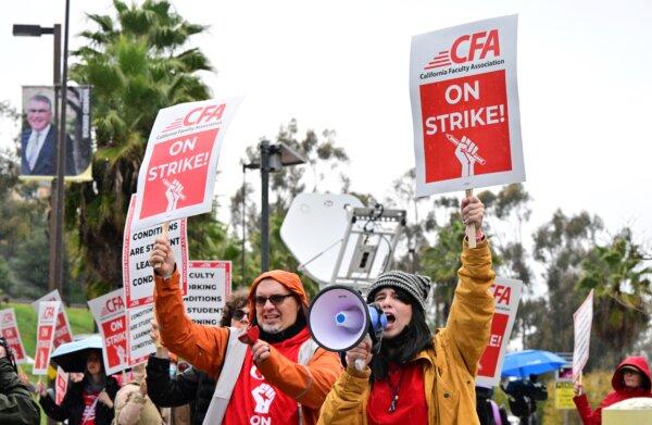 Faculty members and other employees at California State University Los Angeles stop working for the start of a five-day strike at Cal State LA in Los Angeles on Jan. 22, 2024. (Frederic J. Brown/AFP via Getty Images)