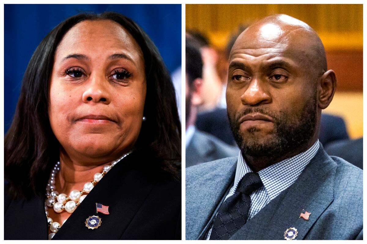 Fulton County District Attorney Fani Willis in Atlanta on Aug. 14, 2023; Fulton County District Attorney Special Prosecutor Nathan Wade at the Fulton County Courthouse in Atlanta, on Oct. 20, 2023. (Joe Raedle; Alyssa Pointer/Getty Images)