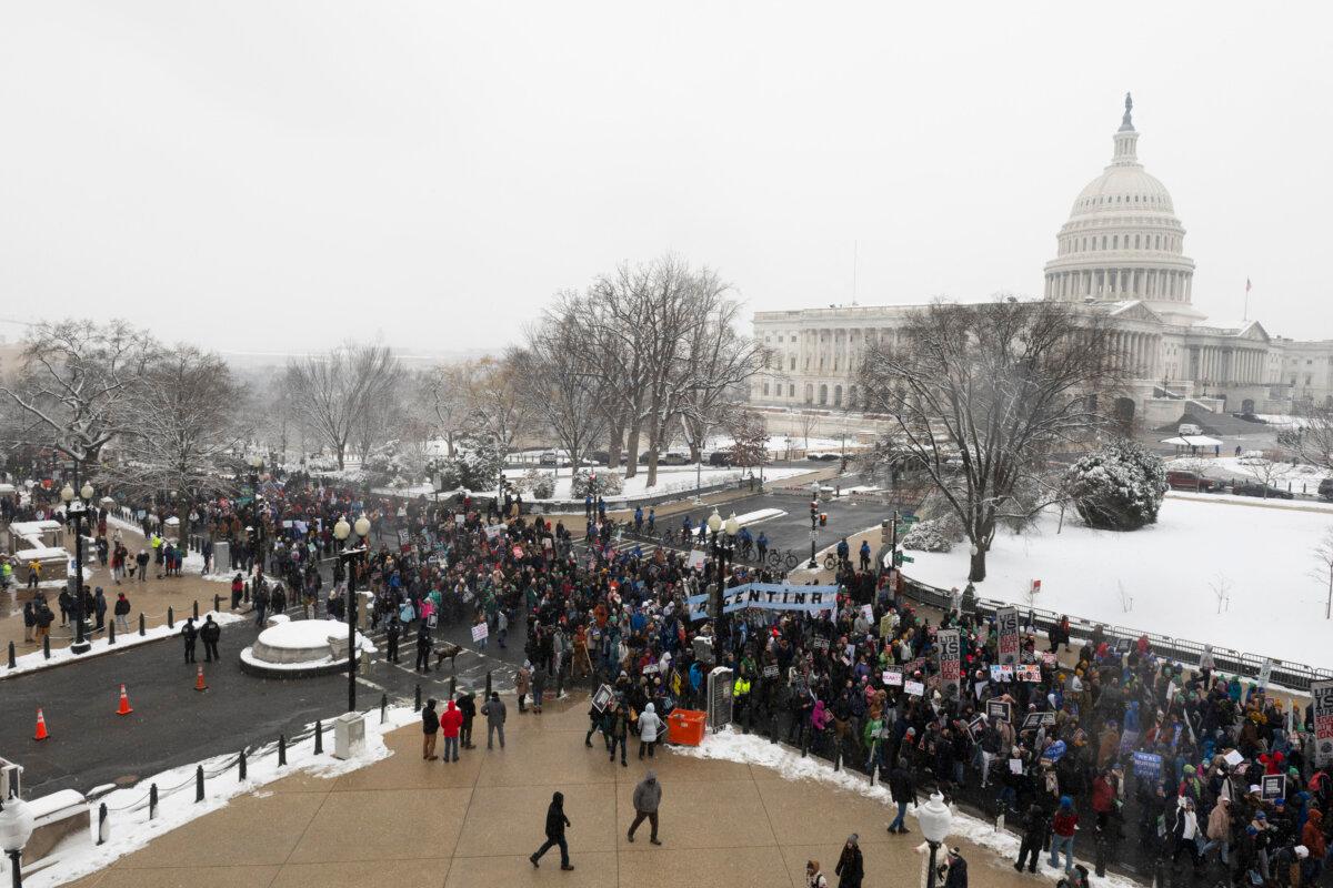 Demonstrators participate in the March for Life anti-abortion rally near the U.S. Capitol building in Washington on Jan. 19, 2024. (Roberto Schmidt/AFP via Getty Images)