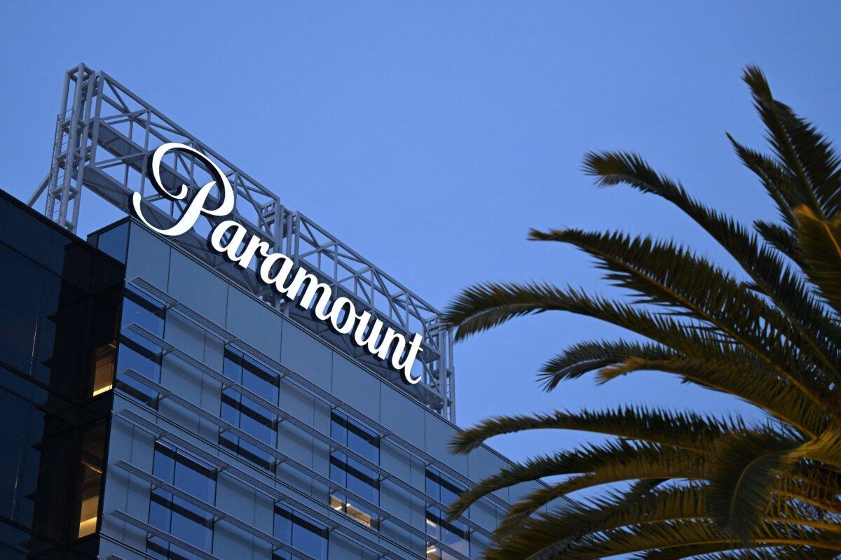 The Paramount logo is displayed at Columbia Square along Sunset Boulevard in Hollywood, Calif., on March 9, 2023. (Patrick T. Fallon/AFP via Getty Images)