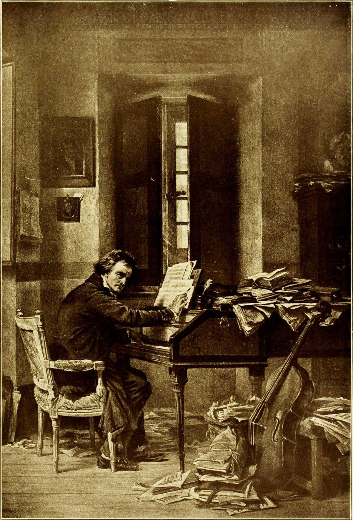 A print of "Beethoven in His Study," 1918, from the painting by Karl Schloesser. Internet Archives. (Public Domain)