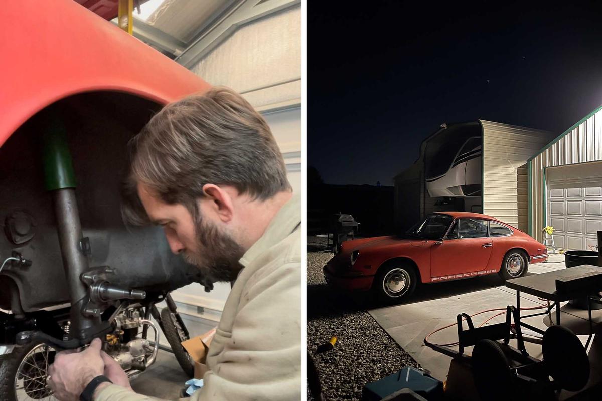 (Left) Mr. Gideon works on the suspension; (Right) The Porsche on the night of its arrival at his home. (Courtesy of <a href="https://www.instagram.com/mgideon_/">Michael Gideon</a>)