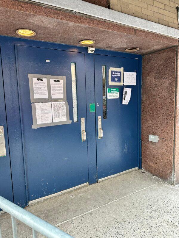Door of entry to the East 7 Street intake center in the East Village of Manhattan, on Jan. 22, 2024. (Juliette Fairley)
