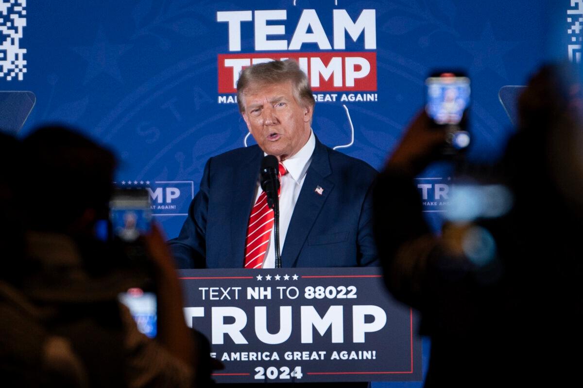 Republican presidential candidate and former President Donald J. Trump speaks at a rally in Laconia, N.H., on Jan. 22, 2024. (Madalina Vasiliu/The Epoch Times)