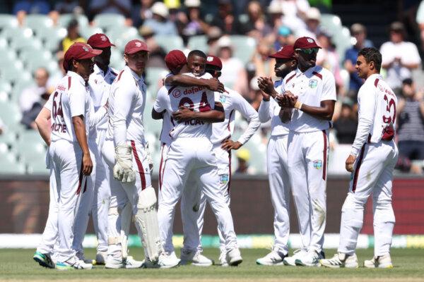 Shamar Joseph of the West Indies celebrates the wicket of Nathan Lyon of Australia during day two of the First Test in the Mens Test match series between Australia and West Indies at Adelaide Oval in Adelaide, Australia, on Jan. 18, 2024. (Paul Kane/Getty Images)