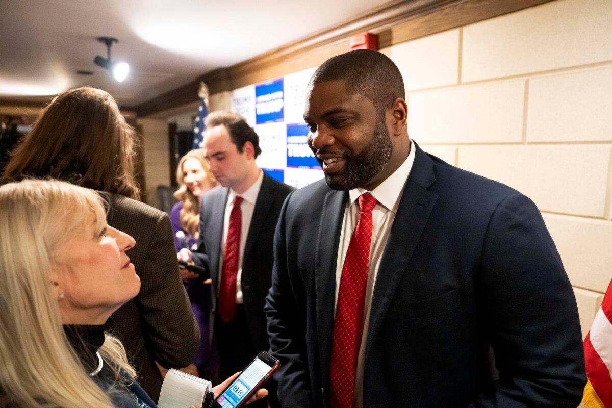 Rep. Byron Donalds (R-Fla.) speaks during an interview with The Epoch Times at Republican presidential candidate and former President Donald J. Trump’s rally in Laconia, N.H., on Jan. 22, 2024. (Madalina Vasiliu/The Epoch Times)