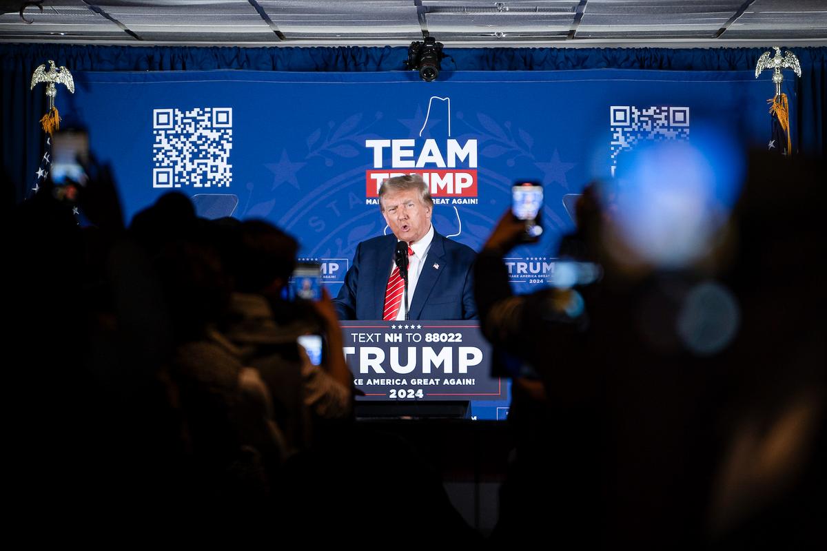 Republican presidential candidate and former President Donald J. Trump speaks at a rally in Laconia, N.H., on Jan. 22, 2024. (Madalina Vasiliu/The Epoch Times)