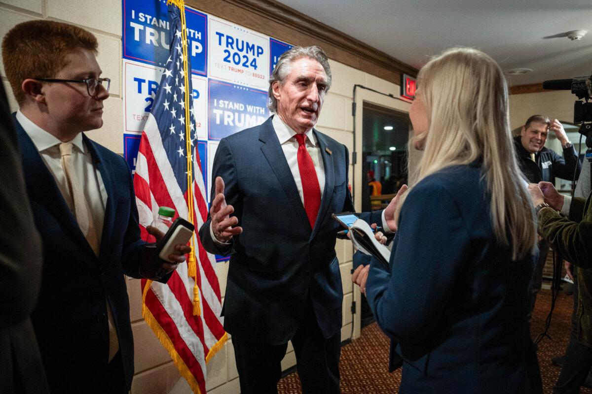 North Dakota governor Doug Burgum speaks during an interview with The Epoch Times at Republican presidential candidate and former President Donald J. Trump’s rally in Laconia, N.H., on Jan. 22, 2024. (Madalina Vasiliu/The Epoch Times)