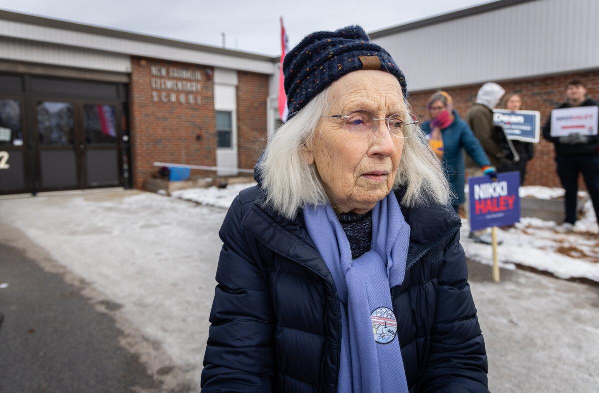 Pat Day, age 93, exits a polling venue in Portsmouth, New Hampshire, on Jan. 23, 2024. (John Fredricks/The Epoch Times)