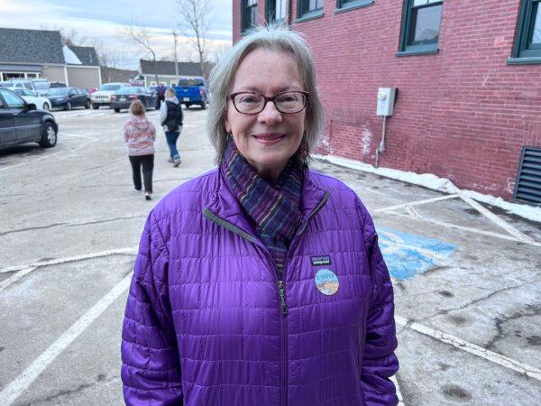 Charlene Seibel appears outside the town hall after voting in the primary election in Wolfeboro, N.H., on Jan. 23, 2024. (Lawrence Wilson/The Epoch Times)