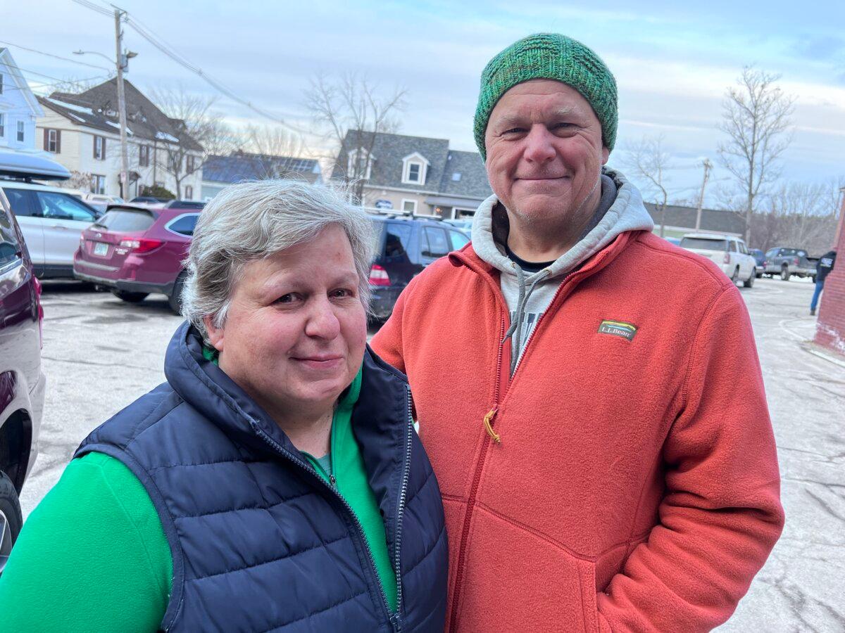 Susan Murray (L) and Kyle Murray appear outside the town hall after voting in the primary election in Wolfeboro, N.H., on Jan. 23, 2024. (Lawrence Wilson/The Epoch Times)