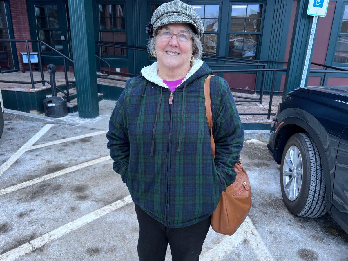 Joyce Pracuta appears outside the town hall after voting in the primary election in Wolfeboro, N.H., on Jan. 23, 2024. (Lawrence Wilson/The Epoch Times)