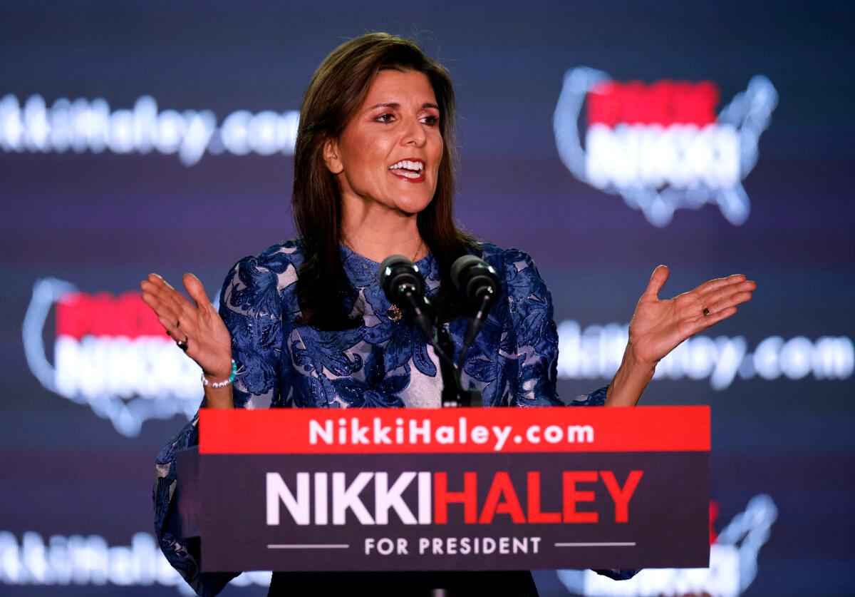Republican presidential candidate former U.N. Ambassador Nikki Haley delivers remarks at her primary night rally at the Grappone Conference Center on January 23, 2024 in Concord, New Hampshire. (Tasos Katopodis/Getty Images)