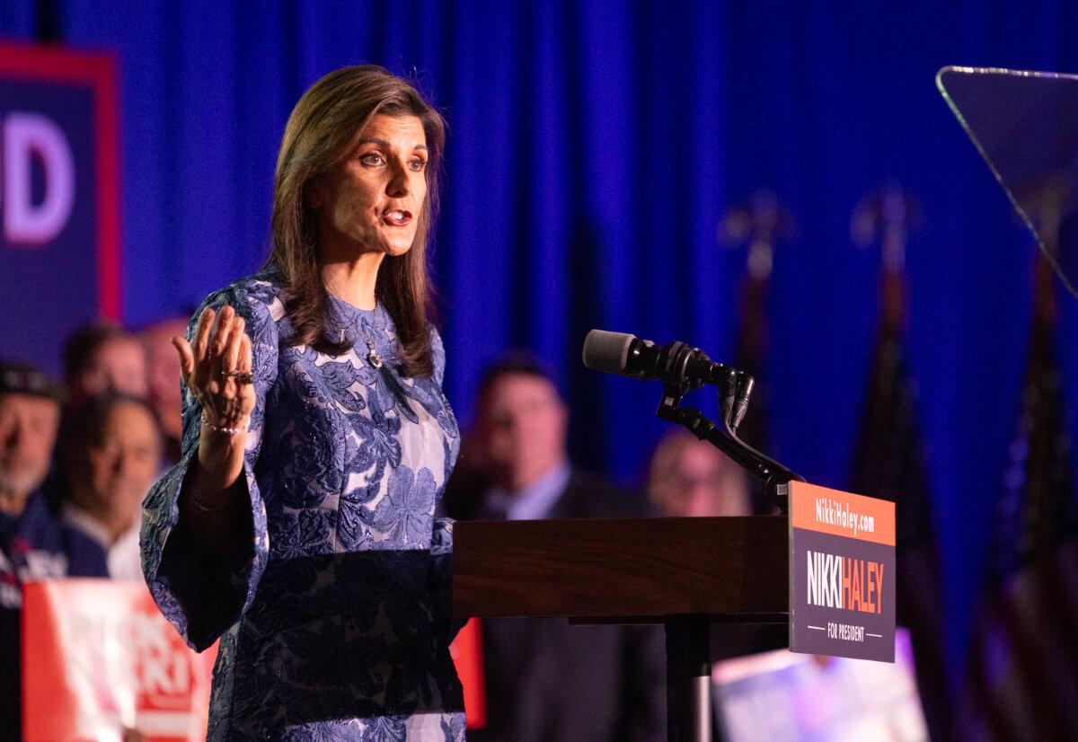 Presidential candidate Nikki Haley speaks to supporters in Concord, New Hampsire, on Jan. 23, 2024. (John Fredricks/The Epoch Times)