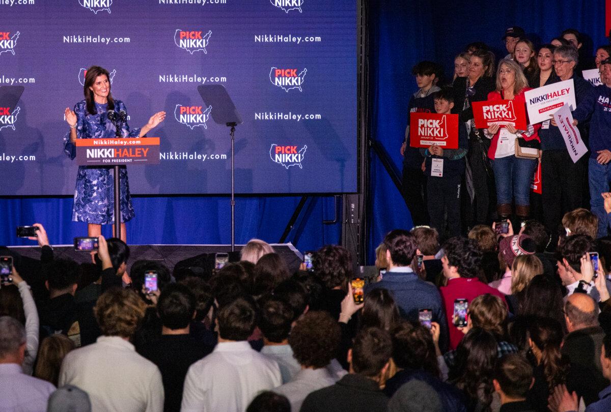 Presidential candidate Nikki Haley speaks to supporters in Concord, New Hampsire, on Jan. 23, 2024. (John Fredricks/The Epoch Times)
