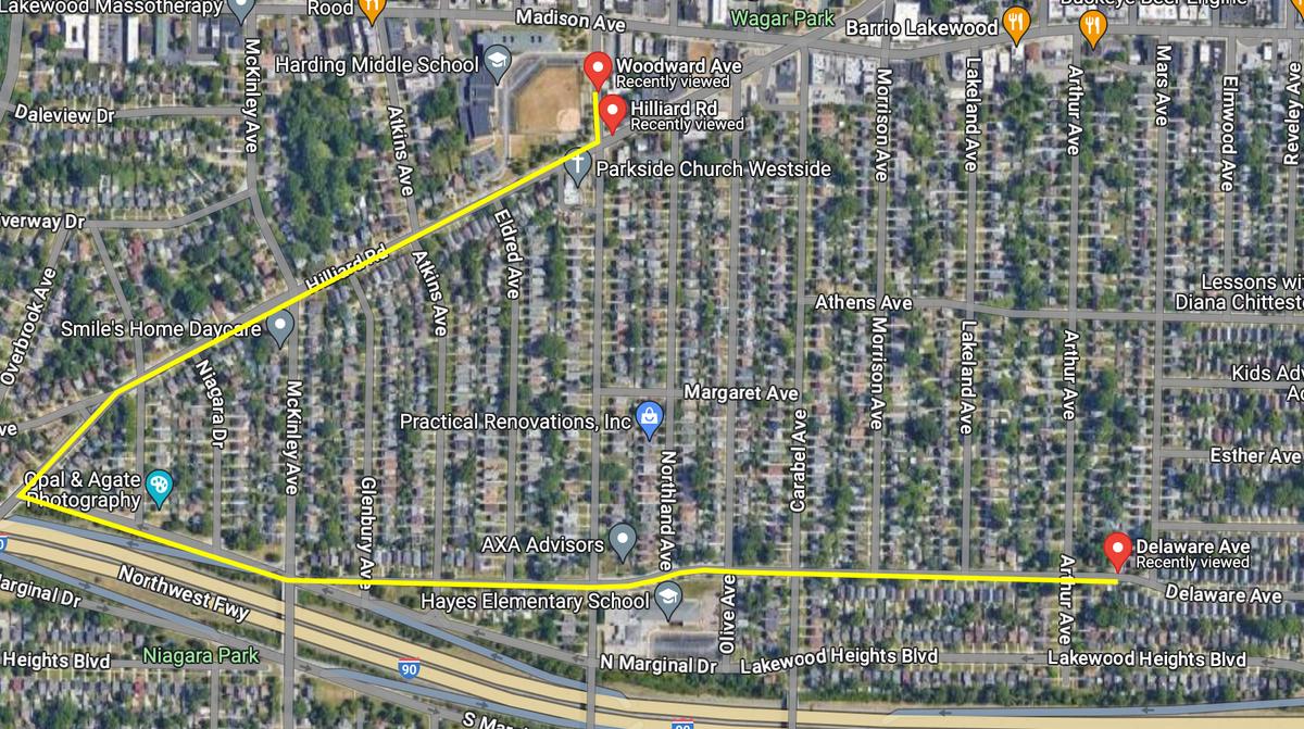 Mr. Sinatra's routine: 34 sidewalks from the corner of Woodward Avenue and Hillard Road up to Delaware Avenue in Lakewood, Ohio. (Screenshot/<a href="https://www.google.com/maps/@41.4739176,-81.8129768,1475m/data=!3m1!1e3?entry=ttu">Google Maps</a>)