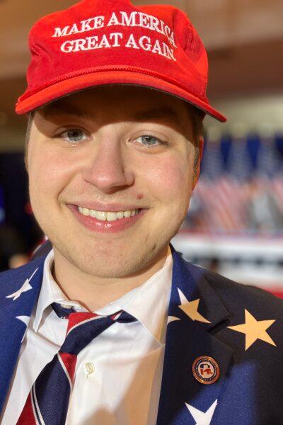 Trump supporter Kieran Brown of Scranton, Pennsylvania at the Trump watch party in Nashua, N.H. on Jan. 23, 2023. (Janice Hisle/The Epoch Times)