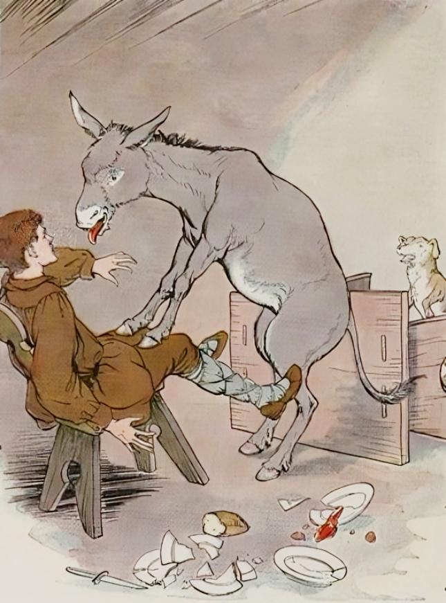 "The Ass and the Lap Dog," illustrated by Milo Winter, from “The Aesop for Children,” 1919. (PD-US)