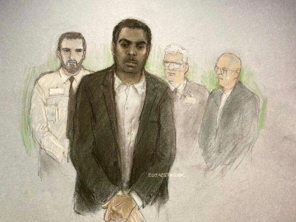 A court artist sketch shows Valdo Calocane appearing at Nottingham Crown Court, in Nottingham, England, on Jan. 23, 2024. (Elizabeth Cook/PA via AP)