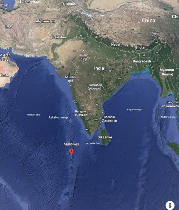 A map showing the location of Maldives in the Indian Ocean vis-a-vis India and China. (Adapted from Google Maps)