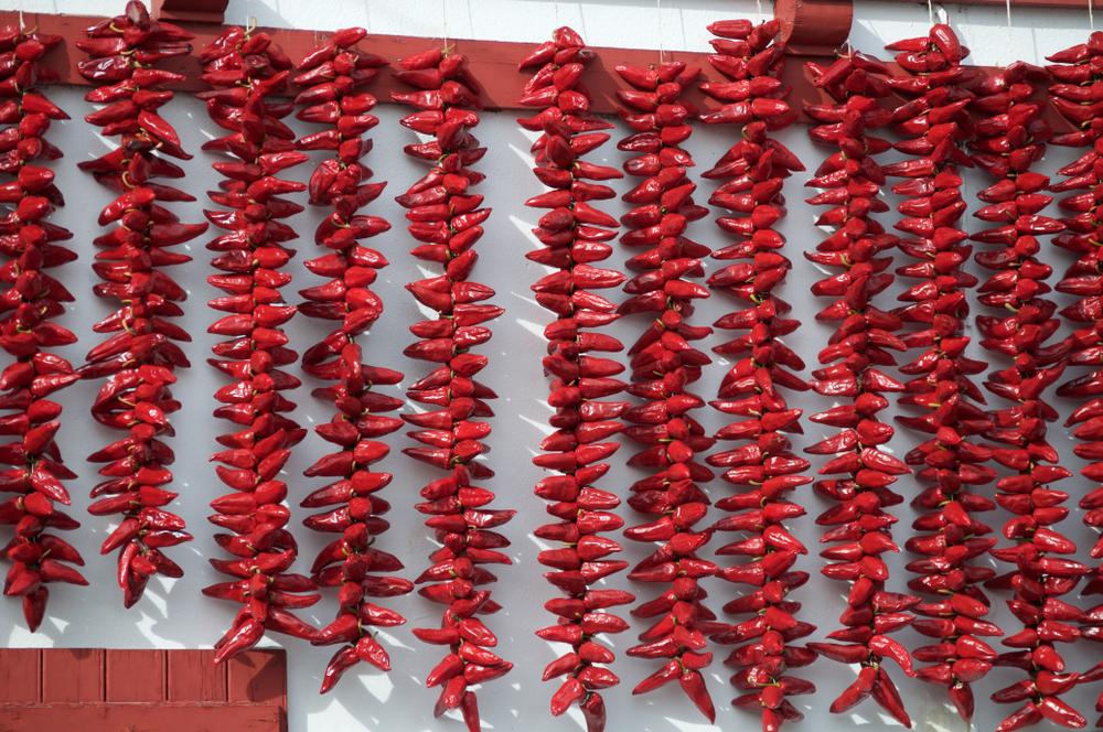 After the harvest, Espelette peppers are strung into brilliant red garlands and hung to dry outside homes and shops throughout the summer. (TatkaZ/Shutterstock)