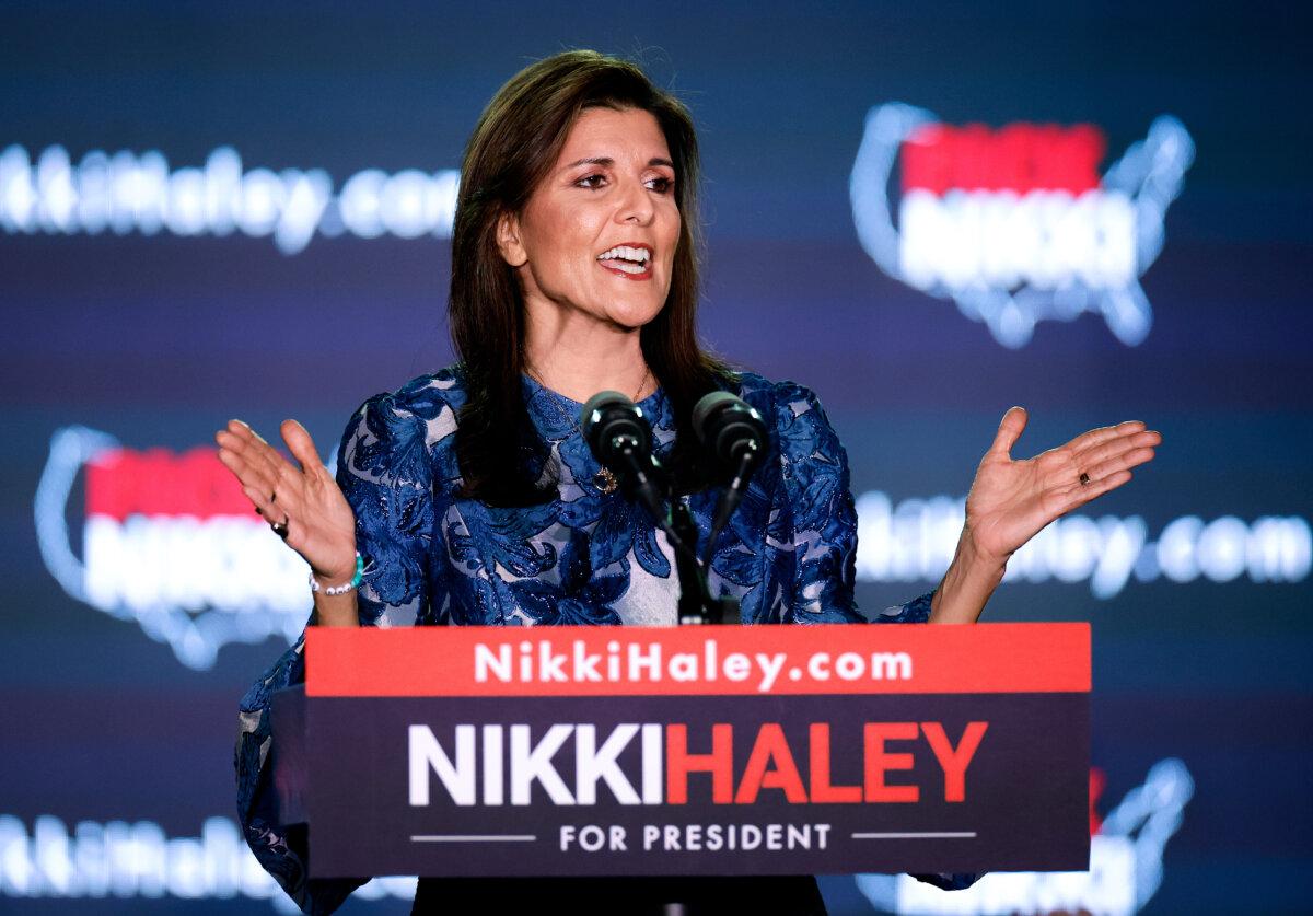 Republican presidential candidate former U.N. Ambassador Nikki Haley delivers remarks at her primary night rally at the Grappone Conference Center in Concord, N.H., on Jan. 23, 2024. (Tasos Katopodis/Getty Images)