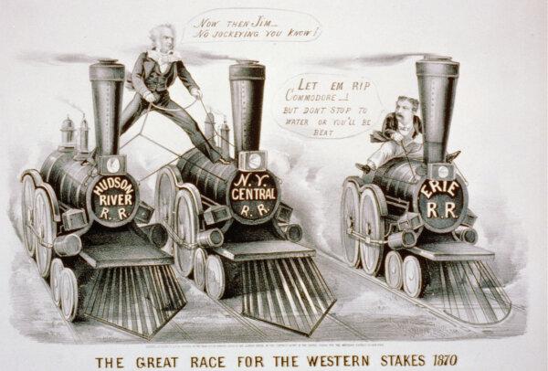 Cornelius Vanderbilt versus James Fisk Jr. in a famous rivalry with the Erie Railroad. Currier and Ives. (Public Domain)