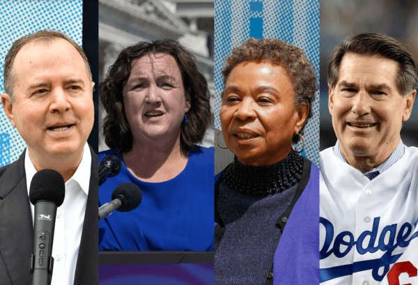 (L-R) Rep. Adam Schiff in Los Angeles on May 26, 2023. (Jerod Harris/Getty Images for Demand Justice); Rep. Katie Porter in Washington on April 18, 2023. (Tasos Katopodis/Getty Images for Patriotic Millionaires); Rep. Barbara Lee in Oakland, Calif., on May 21, 2023. (Kimberly White/Getty Images for Demand Justice); Former Dodgers baseball player Steve Garvey in Los Angeles on October 7, 2013. (Stephen Dunn/Getty Images)