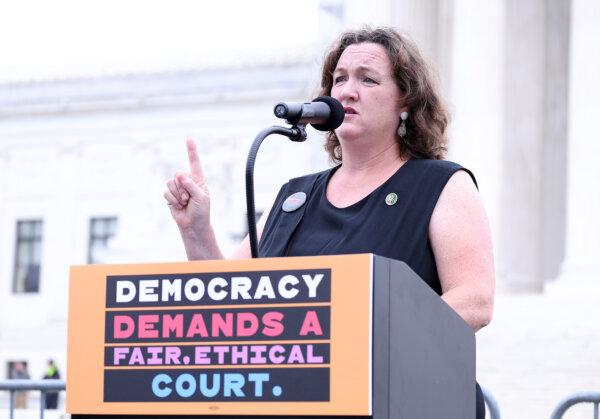 Rep. Katie Porter speaks at the "Just Majority" Supreme Court press conference in Washington on June 22, 2023. (Paul Morigi/Getty Images for Just Majority)