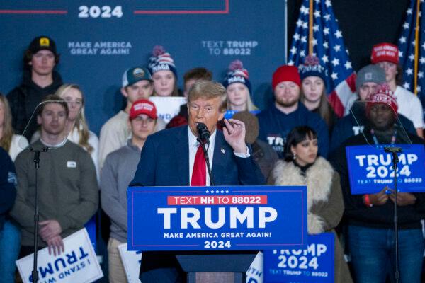 Republican presidential candidate and former President Donald J. Trump speaks at a rally in Manchester, N.H., on Jan. 20, 2024. (Madalina Vasiliu/The Epoch Times)