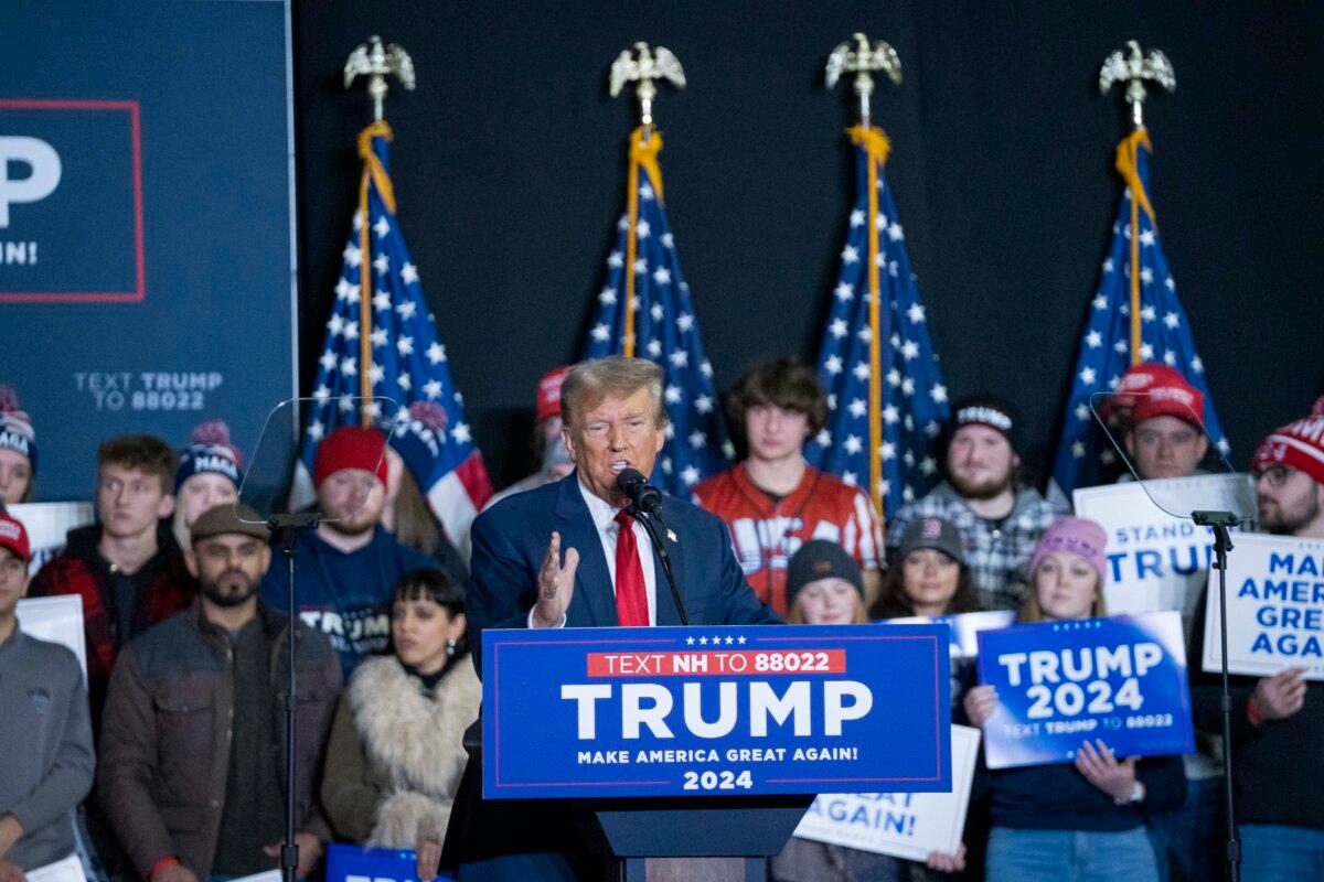 Republican presidential candidate and former President Donald J. Trump speaks at a rally in Manchester, N.H., on Jan. 20, 2024. (Madalina Vasiliu/The Epoch Times)