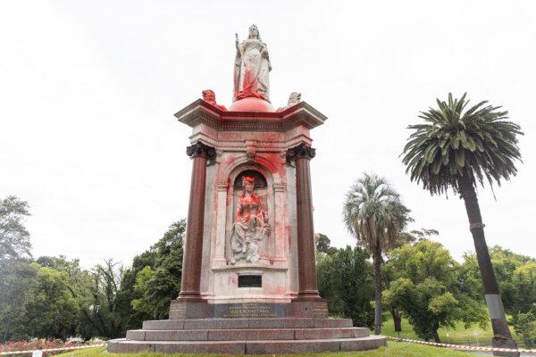 A vandalised Queen Victoria monument in Melbourne, Australia on Jan. 25, 2024. A memorial to Queen Victoria in Melbourne’s Queen Victoria Gardens has been covered in paint. (AAP Image/Diego Fedele)