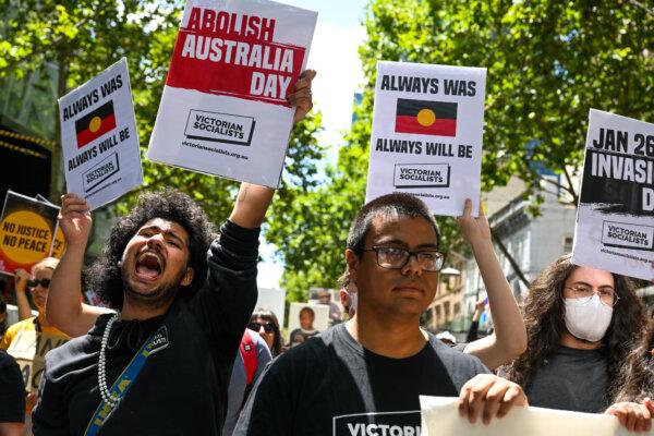 Protesters march during an "Invasion Day" protest in Melbourne, Australia, on Jan. 26, 2023. (Alexi J. Rosenfeld/Getty Images)