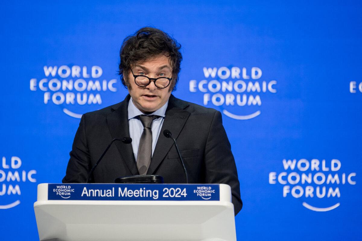 Argentina's President Javier Milei delivers a speech at the World Economic Forum (WEF) meeting in Davos on Jan. 17, 2024. (Fabrice Coffrini /AFP via Getty Images)