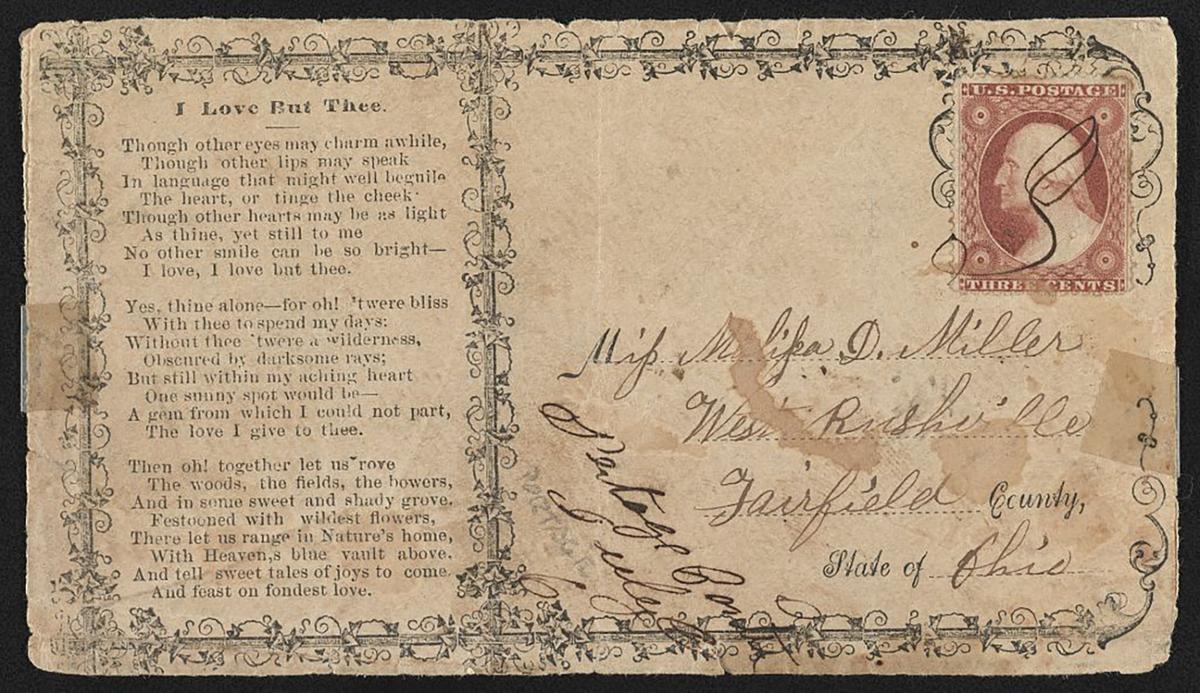 Civil War envelope with poem "I love but thee," between 1860 and 1870, by .A. Howells & Co., publisher. Library of Congress. (Public Domain)