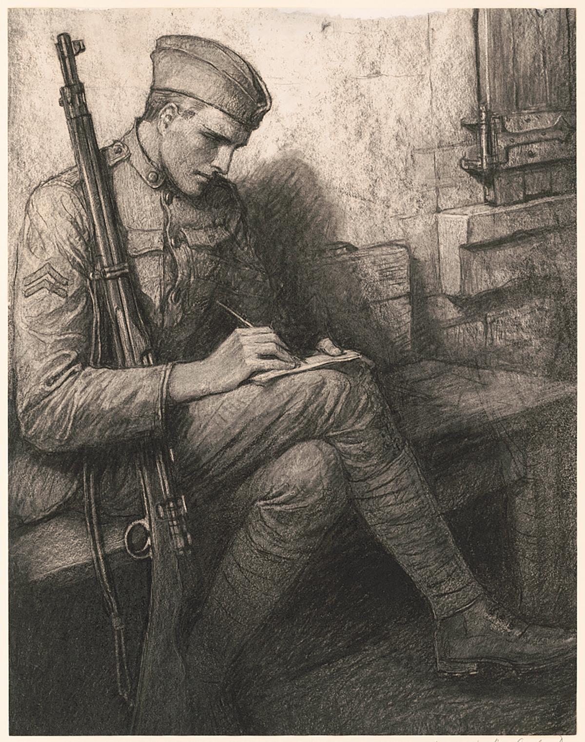 An illustration of an American soldier writing a love letter, 1911, by Wladyslaw Theodore Benda. Library of Congress. (Public Domain)