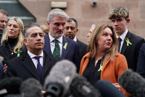 Dr. Sanjoy Kumar (L), father of Grace O'Malley-Kumar, and Emma Webber (R), mother of Barnaby Webber, speak to journalists outside Nottingham Crown Court in Nottingham, England on Jan. 25, 2024. (PA)