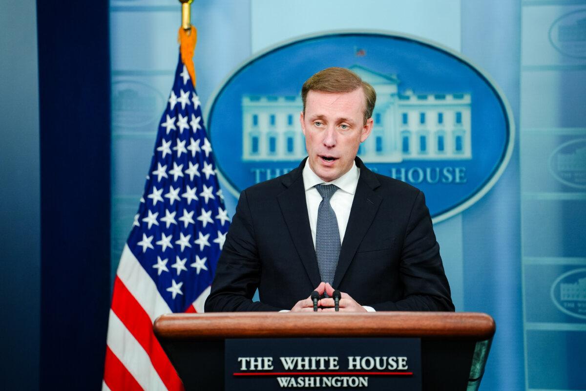 National security adviser Jake Sullivan speaks during a press briefing at the White House on Sept. 21, 2023. (Madalina Vasiliu/The Epoch Times)