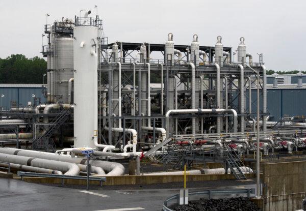 A heat exchanger and transfer pipes at Dominion Energy's Cove Point LNG Terminal in Lusby, Md., on June 12, 2014. (Cliff Owen/AP Photo)