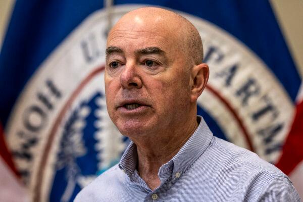 U.S. Department of Homeland Security Secretary Alejandro Mayorkas holds a press conference at a U.S. Border Patrol station on Jan. 8, 2024 in Eagle Pass, Texas. (John Moore/Getty Images)