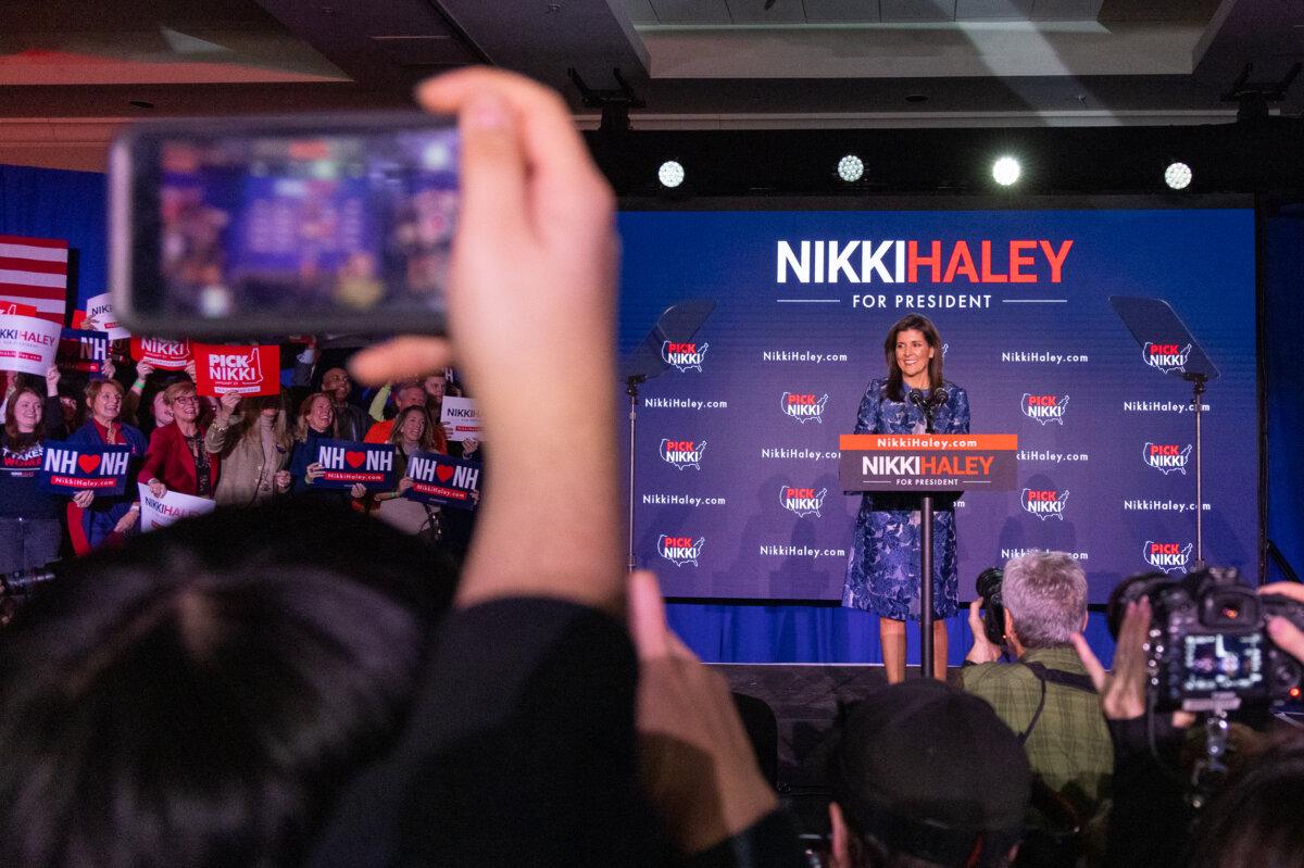 Presidential candidate Nikki Haley speaks to supporters in Concord, N.H. on Jan. 23, 2024. (John Fredricks/The Epoch Times)