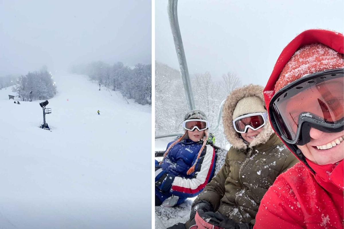 (Left) The ski hill at Beech Mountain, North Carolina; (Right) Jake McCoun and his two older children on a ski lift. (Courtesy of Jake McCoun)
