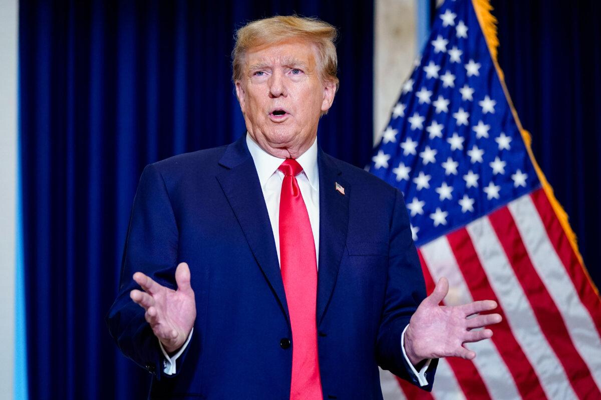 Former President Donald Trump speaks to the media at a Washington hotel, Tuesday, Jan. 9, 2024, after attending a hearing before the D.C. Circuit Court of Appeals at the federal courthouse in Washington. (AP Photo/Susan Walsh)