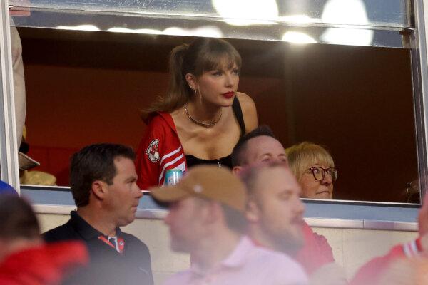 Taylor Swift looks on before the game between the Kansas City Chiefs and the Denver Broncos at GEHA Field at Arrowhead Stadium in Kansas City, Missouri, on Oct. 12, 2023. (Jamie Squire/Getty Images)